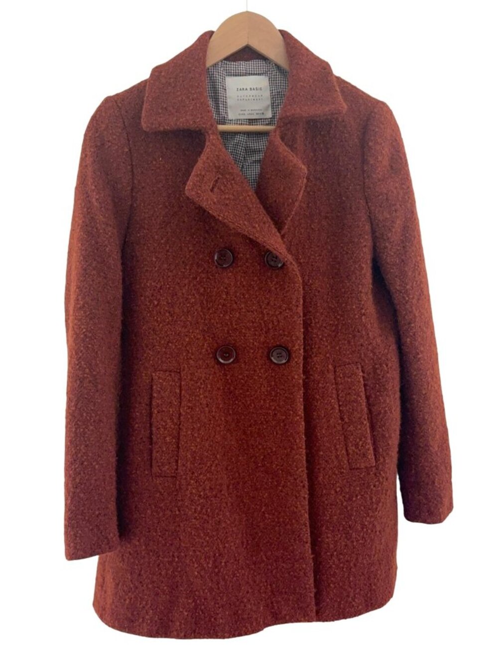 Zara Outerwear Brown Double Breasted Boucle Coat Pockets Size L Jacket Peacoat - Picture 12 of 16